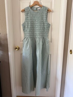 Smocked Sleeveless Maxi Dress in Sage Green Stripes